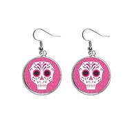 Pendientes colgantes de plata con diseño de calavera de ojos rosados, diseño de cultura nacional de México, joyería para mujer