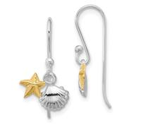 Pendientes colgantes de plata de ley 925 chapados en rodio chapados en oro con estrella de mar y concha de 20,5 x 11,5 mm de ancho, para mujer, talla única, Metal Oro Chapado en oro metal, Sin piedra