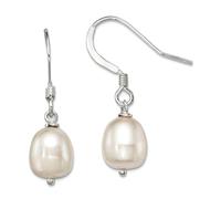 Pendientes colgantes de plata de ley 925 pulida, con gancho de pastor blanco y perlas cultivadas en agua dulce, 26 x 7 mm de ancho, para mujer