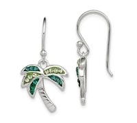 Pendientes colgantes de plata de ley 925 pulidos con gancho de pastor verde oscuro claro con palmera de cristal de 28 x 15 mm de ancho, joyería para mujer, Plata de ley