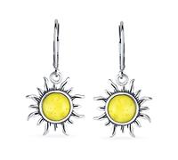 Pendientes colgantes de sol naciente de luna de miel tropical en la playa, auténticos de color ámbar amarillo limón redondo para mujer, cierre de palanca, plata de ley oxidada .925.