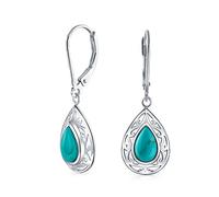 Estilo Occidental Azul Estabilizado Turquesa En Forma De Pera De Palanca De Vuelta De Filigrana De Lágrima Gota Pendientescolgantes Para Mujer .925 Plata Esterlina