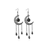 Pendientes colgantes góticos negros con borla de luna creciente y filigrana con cuentas de cristal, aretes góticos de gancho de bruja, joyería de Halloween para mujer, Medio, Cobre, Sin piedra