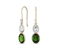 Pendientes Colgantes Oro 10K Clásicos Elegantes Y Genuinos Con Piedras Preciosas Facetadas En Forma Briolette Y Engastadas En Bisel Con Doble Óvalo En Esmeralda-Verde Diópsido Y Zafiro Blanco