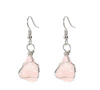 Pendientes Colgantes,Pendientes Colgantes De Cuarzo Rosa Con Piedras En Bruto Irregulares Colgante Envuelto En Alambre Plateado Pendientes Colgantes De Gancho Equilibrio De Cristal Regalo Para Niña