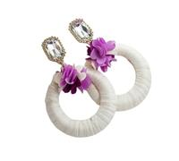 Pendientes Colgantes Redondos De Rafia Blanca para Mujer. Pendientes Retro con Diseño De Flor Bohemia Tejida A Mano. Joyas Tropicales para Vacaciones De Verano En La Playa.