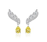 Pendientes colgantes simples, aretes amarillos con alas voladoras con circonita en forma de gota para mujer, joyería de aniversario popular, 30x7MM, Plata de ley 925 + aleación, Circonia cúbica
