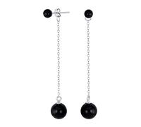 Pendientes colgantes simples de doble ronda de auténtico ónix negro con cadena lineal larga de 2 bolas para mujer de plata esterlina .925 de 8MM