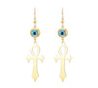 Pendientes con cruz Ankh Llave de la vida Pendientes con ojo malvado Cartucho África Amuleto copto de protección Joyería religiosa del antiguo Egipto Regalo para mujeres (Oro)