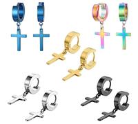 Pendientes Cruz 5 Pares - Acero Inoxidable Para Hombres y Mujeres - Negro, Dorado, Azul, Plateado - Unisex Para Fiestas de Cumpleaños, Discotecas