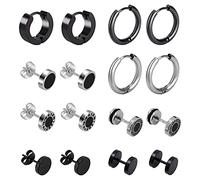 Pendientes de Acero Inoxidable, 8 Pares Aro Pequeño Pendientes de Cruz Clips de Oreja Piercing Negro-Tone Plata para Hombres y Mujeres