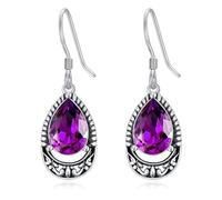 Pendientes de amatista oscura para mujer, de plata de ley, estilo vintage, amatista Swarovski, joyería bohemia, regalo de cumpleaños y Navidad, Plata de ley, Amatista