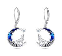 Pendientes de animales regalos para mujeres niñas plata de ley Abalone Mountain Wolf Pendientes Luna Estrella Leverback Pendientes Joyas Regalos, Plata de ley, Esmaltado.