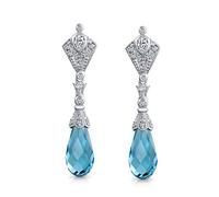 Pendientes de Araña de Estilo Vintage Deco con Gota de Lágrima Facetada Azul Aqua de Circonita Cúbica CZ para Mujeres en Plata de Ley