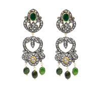 Pendientes de Araña Hechos a Mano de Plata de Ley 925 Chapados en Oro de 18 kt con Esmeralda Natural y Diamantes, Estilo Victoriano Vintage para Mujer