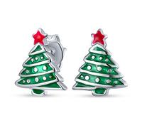 Pendientes De Árbol De Navidad Verde Con Estrella Roja Pequeña De Esmalte En Plata De Ley .925 Para Mujeres Y Adolescentes, Joyería Divertida De Invierno