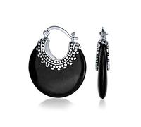 Boho Estilo Occidental Tribal Genuino Ónix Negro Ronda Media Luna Pendientesde Aro Para Las Mujeres Oxidado Milgrain Caviar Bead .925 Plata Esterlina