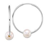 Pendientes de aro de oro blanco de 14 quilates con perlas cultivadas en agua dulce semicirculares de 6 7 mm, 26 x 6,7 mm de ancho, 1 mm de grosor, regalo de joyería para mamá, talla única, Metal Perla