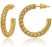 Pendientes de aro de oro para mujer, chapados en oro de 14 quilates, poste de plata de ley 925, totalmente tachonado con piedras de circonita cúbica AAA+, aretes de oro gruesos, hipoalergénicos, sin