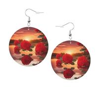 Pendientes de aro de piel con estampado de rosas rojas al atardecer para mujer, perfectos para fiestas de disfraces y accesorios para niñas, talla única, Cuero