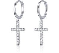 Pendientes de aro de plata de ley 925 con colgante de cruz chapado en oro de 14K | Pendientes para mujer y niña | Aros colgantes con circonitas (Plata)
