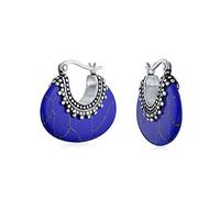 Pendientes de aro en forma de media luna ovalada de lapislázuli azul de estilo tribal boho Bali para mujer, con cuentas de caviar milgrain oxidadas de plata de ley 925.