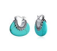 Boho Bali Estilo Tribal Azul Estabilizado Turquesa Ovalada Media Media Luna Pendientesde Aro Para Mujer Oxidado Milgrain Caviar Abalorios 925 Plata De Ley