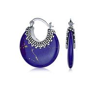 Pendientes de aro en forma de media luna redonda de lapislázuli azul de estilo tribal boho occidental para mujer, con cuentas de caviar milgrain oxidadas de plata esterlina .925.