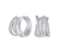 Pendientes De Aro Huggie De Cruz Ancha De Micro Pave CZ De Cinco Filas Modernas Para Novias, Para Mujeres, Boda, Fiesta Formal, Plata Plateada Con Rodio, Estilo De Bisagra De 0.6 Pulgadas De Diámetro