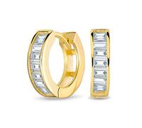 Pendientes de Aro Huggie Kpop Clásicos de Novia con Corte Baguette CZ en Canal para Mujeres y Hombres, Circonita Cúbica Transparente, Chapado en Oro Amarillo de 14K, Plata de Ley .925