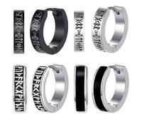 Pendientes de aro para hombre, 4 pares Pendientes de aro Viking Pendientes de acero inoxidable para hombre Pendientes plateados negros para Hipoalergénicos Runas