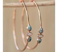 Pendientes de aro retro de cobre sintético turquesa y piedra lunar, oro rosa, hechos a mano, bohemios, modernos
