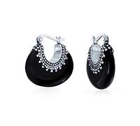 Pendientes de aro tribales de estilo boho Bali con ónix negro genuino ovalado en media luna para mujer, plata de ley 925 oxidada con cuentas de caviar milgrain.