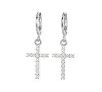 Pendientes de boda, pendientes colgantes de plata esterlina s925 cruz completa de circonitas 32x12mm para mujer fiesta de promoción de la joyería, Croix ronde en argent sterling et zircone, Plata de
