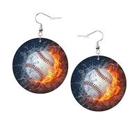 Pendientes de bola de béisbol en fuego y agua, guitarra ardiente, forma redonda, pendiente de cuero, ligero, colgante, joyería para mujeres y niñas, perfecto para el uso diario