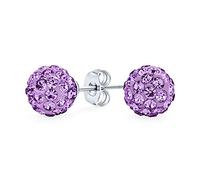 Pendientes De Bola De Disco De Cristal Pave De Color Lavanda Púrpura Claro Para Mujeres Y Adolescentes - Diseño Redondo, Simple Y Básico - Plata Esterlina .925-8MM