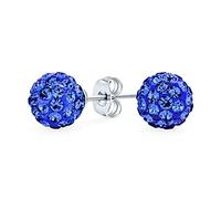Pendientes De Bola De Discoteca De Cristal Pavé Azul Eléctrico Real Para Mujeres Adolescentes, Diseño Redondo Básico Y Simple. Plata Esterlina .925 - Tamaño De 8MM