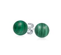 Pendientes De Bola Redonda De Malachita Verde De Piedra Preciosa Simple Para Mujeres. Plata Esterlina .925 De 10MM