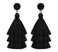 Pendientes de Borla en Capas Boho Pendientes de Hilo de Borla en Capas Pendientes Bohemios Colgantes de Borla Negro Mujer Girly