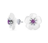 Pendientes De Botón Con Acento De Amatista Y Flor De Nácar Blanco Para Mujer En Plata De Ley .925