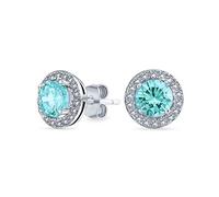 Pendientes de botón de circonita cúbica azul aqua simulada aguamarina con halo redondo para mujer de plata esterlina .925 de 8MM