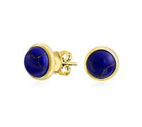 Pendientes de botón de cúpula redonda con bisel de lapislázuli azul sintético simple para mujer, chapados en oro de 14K, plata de ley .925