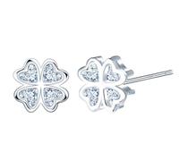 Pendientes de Botón de Trébol Plata de Ley 925 para Mujer- Pendientes de Trébol de Cuatro Hojas con Circonita para Día de San Patricio,Aretes de Trébol de Plata Hipoalergénicos Amuleto Joyas para Ella