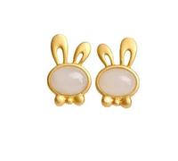 Pendientes de botón for mujer, plata S925 con jade blanco natural, pendientes oreja conejo for yoga