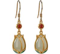 Pendientes de botón for mujer, plata S925 con jade blanco natural y tulipán, ideales for yoga