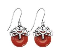 Pendientes de botón for mujer, plata S925 con jade rojo natural, hebilla Ping An for yoga