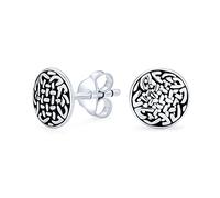 Pendientes De Botón Redondos Tejidos Con Nudo Celta Oxidado De Medallón Vikingo Unisex Para Mujeres En Plata Esterlina .925