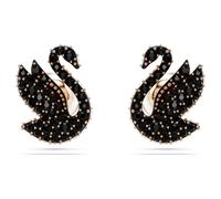 Swarovski Pendientes de botón Swan, Perla de cristal, Cisne, Negros, Baño tono oro rosa