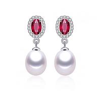 Pendientes de caída de perlas de agua dulce natural de cristal rojo para mujeres 925 joyas con