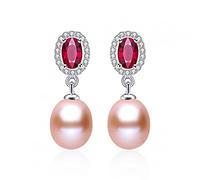 Pendientes de caída de perlas de agua dulce natural de cristal rojo para mujeres 925 joyas con